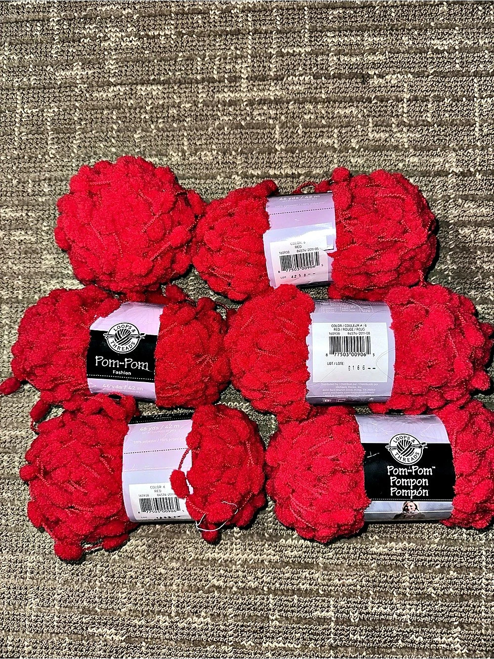 Lion Brand Pom-Pom Yarn Red 6-Skein Lot NWT